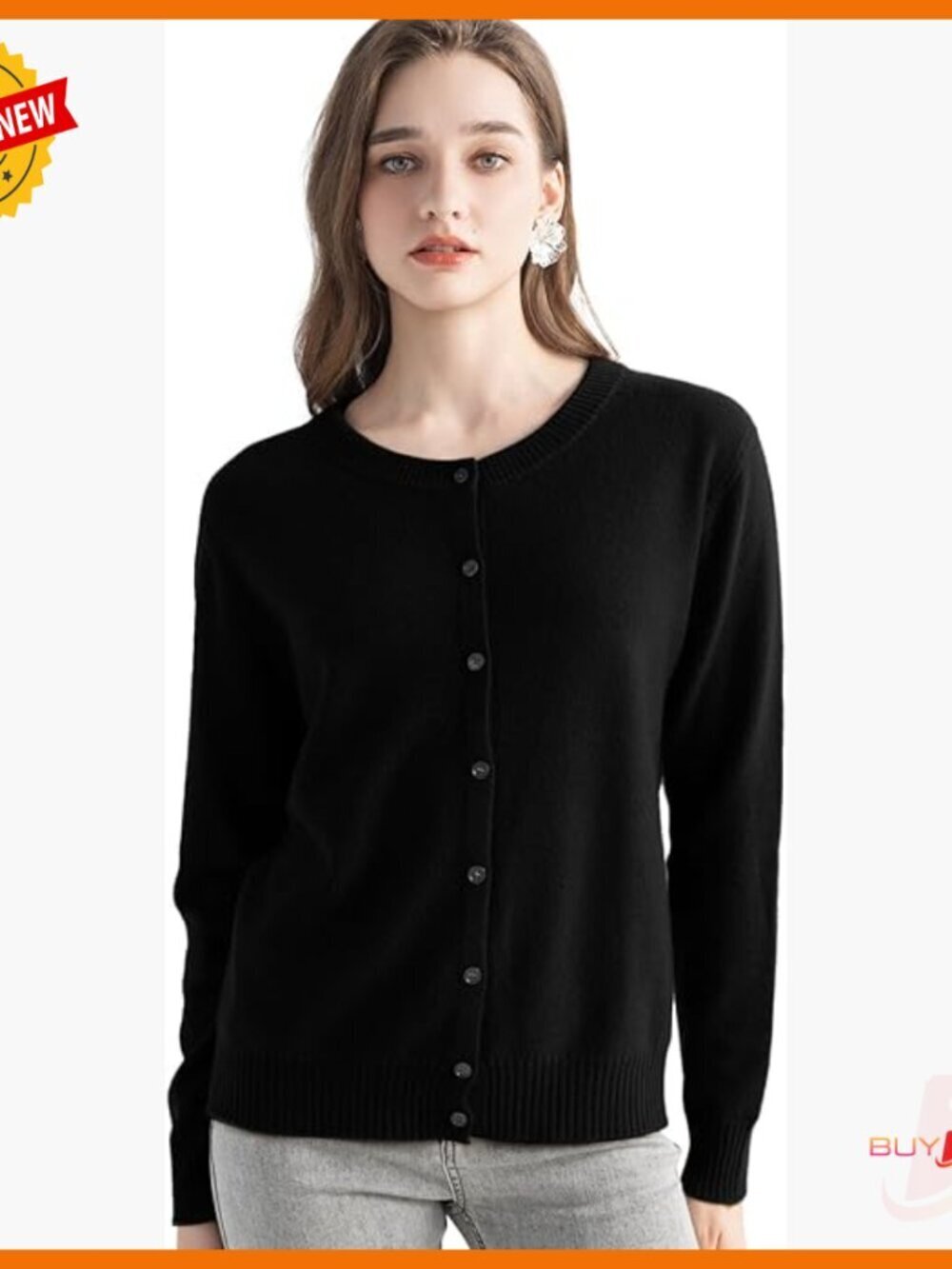 100% Pure Cashmere Cardigan Crew Neck Long Sleeve Soft Knit Sweater